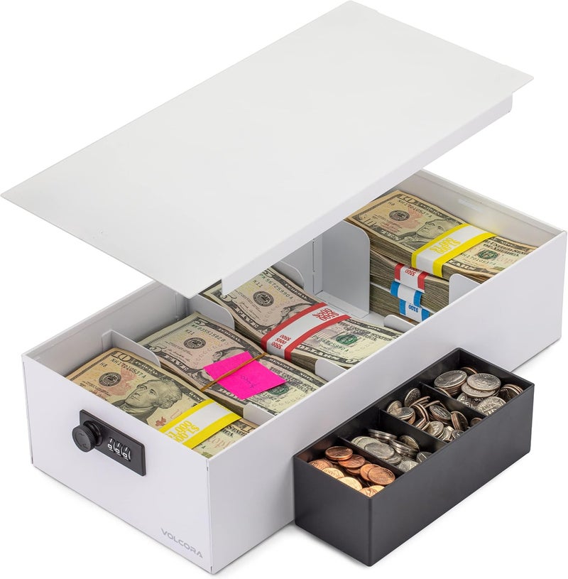 Volcora Cash Box Money Organizer - 15” x 7.5” x 4” Cashbox 5 Compartments Drawer Tray - Bills and Coin Slot with Combination Lock for POS Register, Kiosk, Retail, Personal and Business Use, White - Image 1